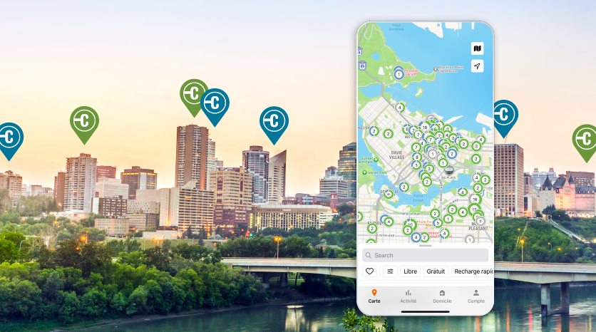 City landscape with ChargePoint app charging spots